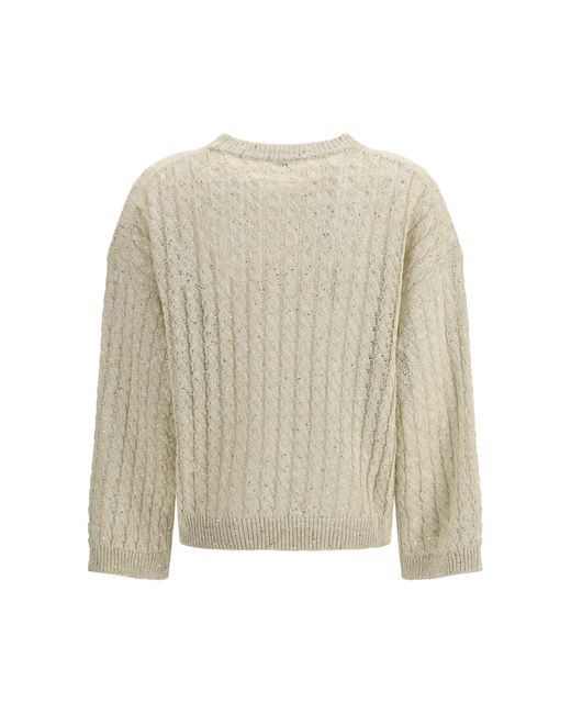 Brunello Cucinelli White Dazzling Cable Linen Sweater With Openwork Ribbing Linen; Nylon