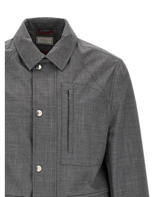 Brunello Cucinelli Gray Virgin Wool Full-Length Jacket Clothing for men
