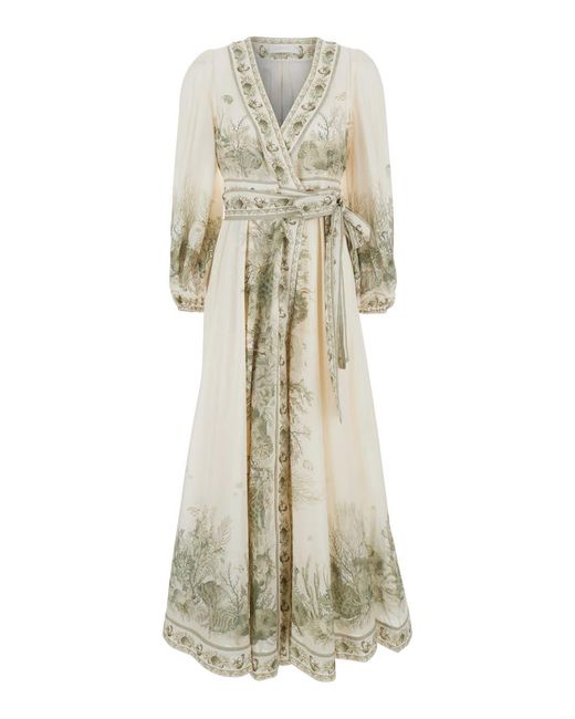 Zimmermann White Wanderlust Long Dress With V-Neck And All-Over Floral Print
