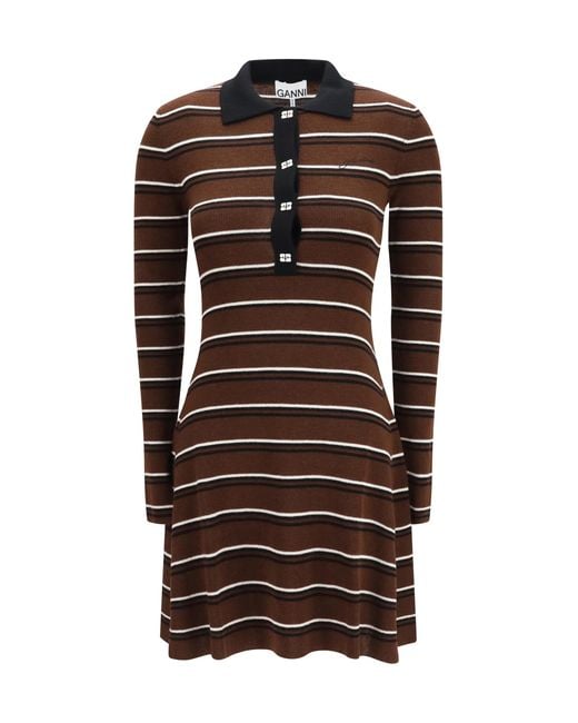 Ganni Brown Striped Wool Polo Dress Ovis Aries