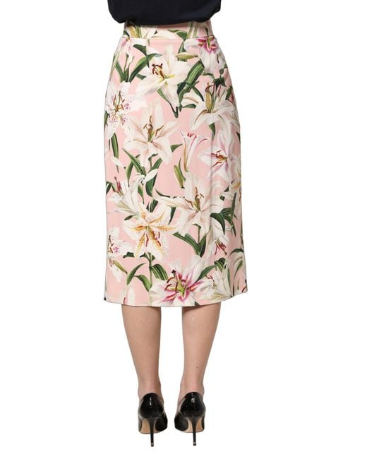 Dolce & Gabbana Green Lilium Print High Waist Pencil Skirt Silk Elastane