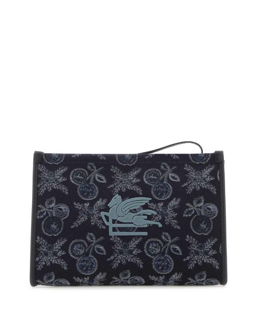 Etro Blue Embroidered Canvas Beauty Case