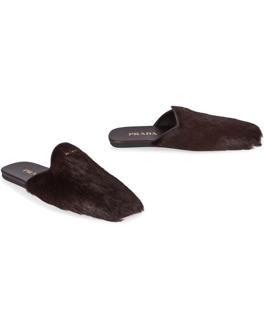 Prada Black Lamb-Fur Leather Mules Slippers