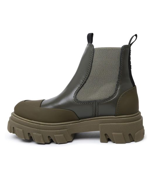 Ganni Green Leather Ankle Boots