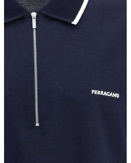 Ferragamo Blue Cotton Zip Polo Shirts for men