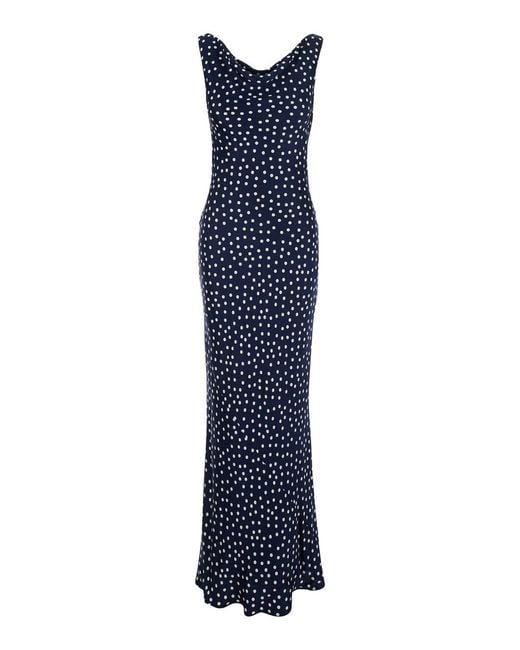 Le Plain Blue Long Dress With All-Over Polka Dot Motif