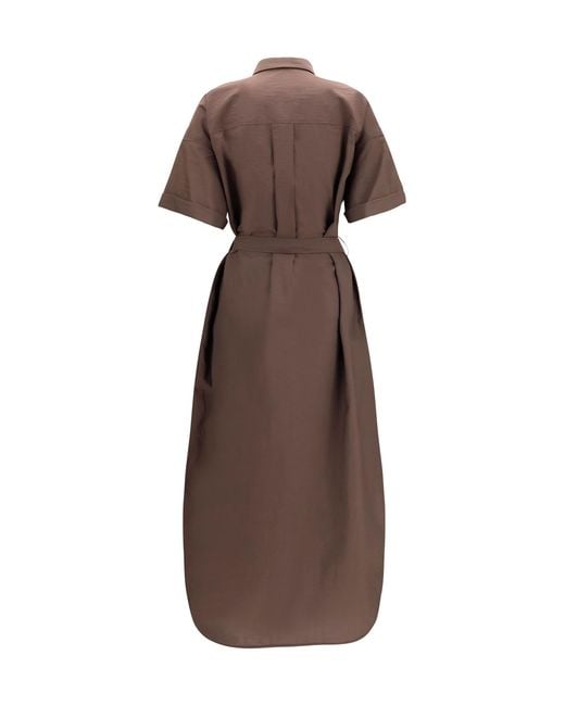 Brunello Cucinelli Brown Sequined Shirt Dress With Belt Cotton; Polyamide