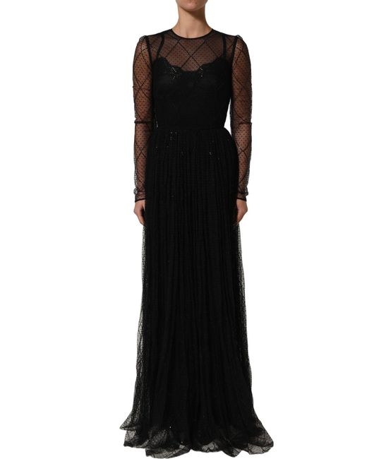 Dolce & Gabbana Black Mesh Lace Long Sleeved Maxi Gown Dress