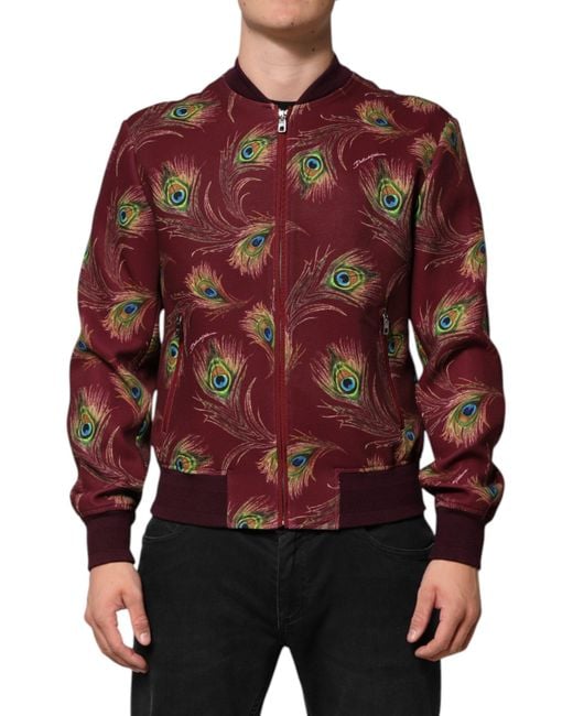 Dolce & Gabbana Red Peacock Feather Print Bomber Jacket Polyester Elastane Clothing for men