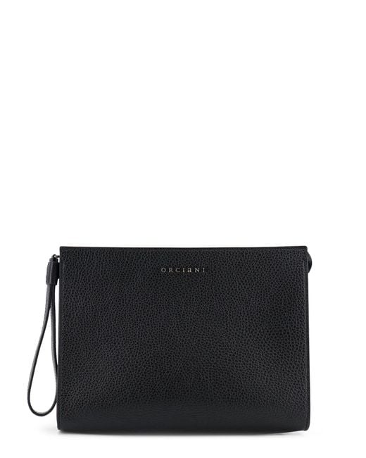 Orciani Black Hammered Leather Clutch With Logo On The Front for men