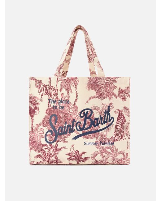 Mc2 Saint Barth Pink Essential Canvas Tote Bag With Bordeaux Toile De Jouy Print