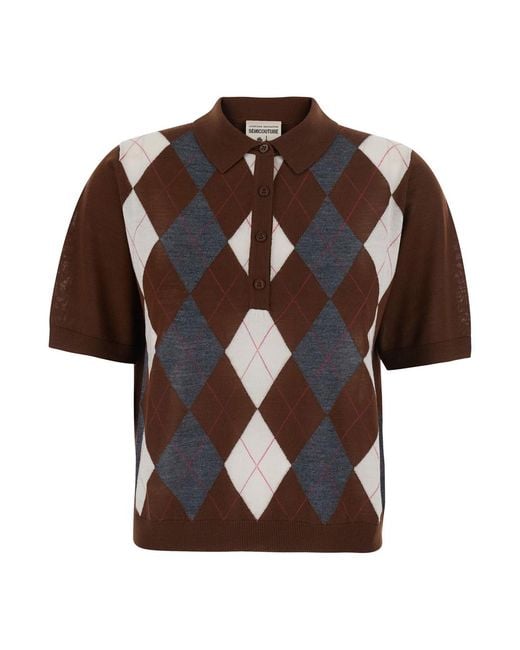 Semicouture Brown Argyle Polo Sweater Diana Virgin Wool