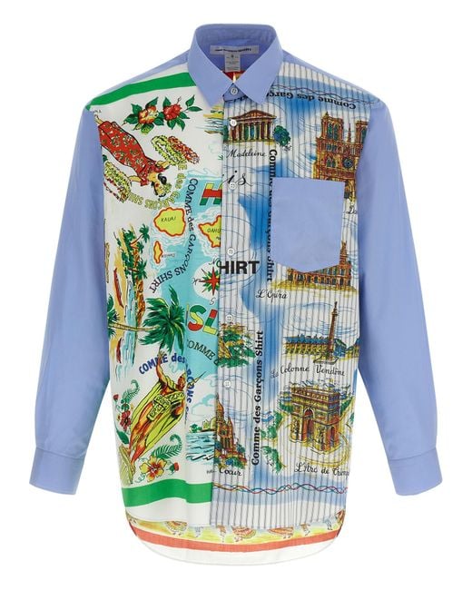 Comme des Garçons Blue Asymmetric Hem Shirt With Vibrant Landmark Prints for men