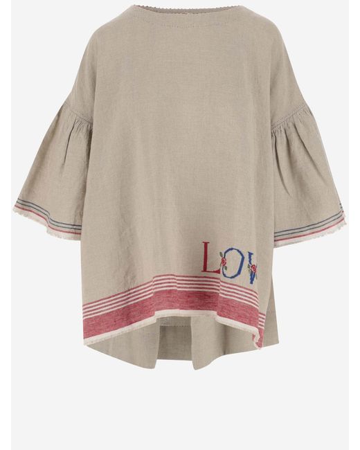 Péro Natural Oversized Linen Blouse With Embroidery