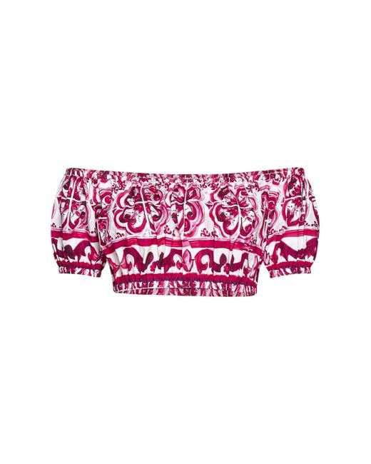 Dolce & Gabbana Pink Majolica-Print Poplin Crop Top