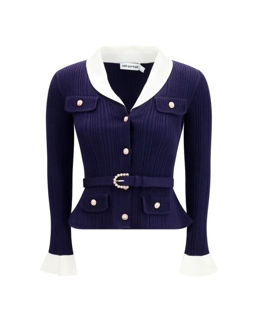 Self-Portrait Blue Ribbed Cardigan