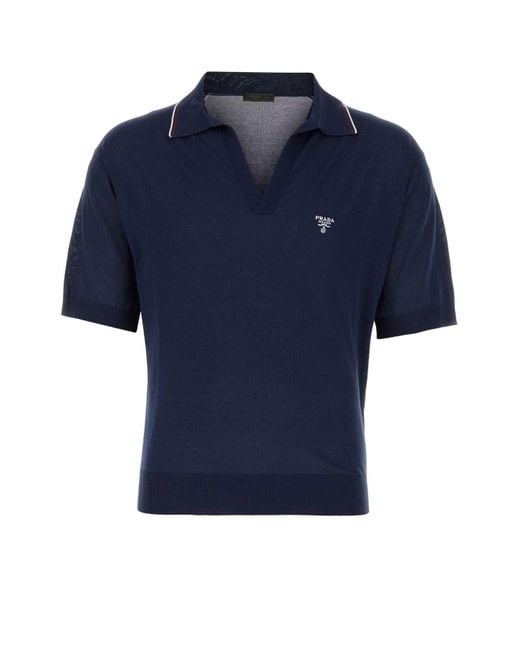 Prada Blue Silk And Cotton Polo Shirt for men