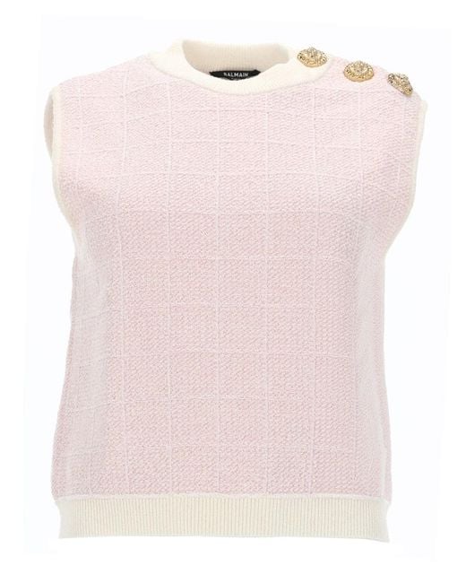 Balmain Pink Sleeveless Top With Jewel Buttons Cotton Tops