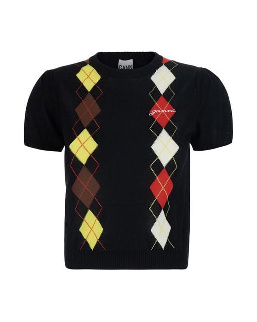 Ganni Black Short-Sleeved Cotton Sweater Tops