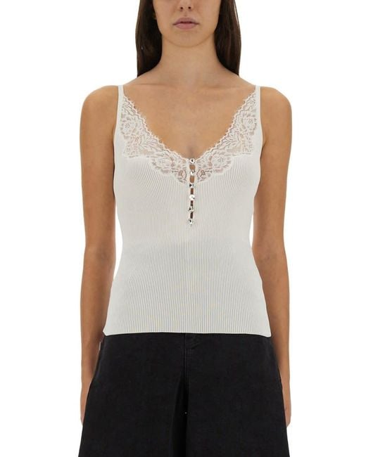 Self-Portrait White Ribbed Knit Top With Lace