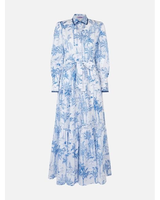 Mc2 Saint Barth Blue Long Dress With Toile De Jouy Print