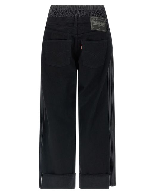 Junya Watanabe Black Wide-Leg Denim Jeans With Pleated Inserts And Trompe L'Oeil Button