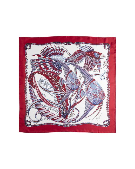 Ferragamo Red Fish Print Silk Scarf