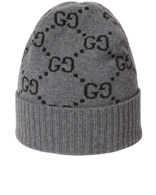 Gucci Gray Gg Jacquard Beanie With Brim And Cuff
