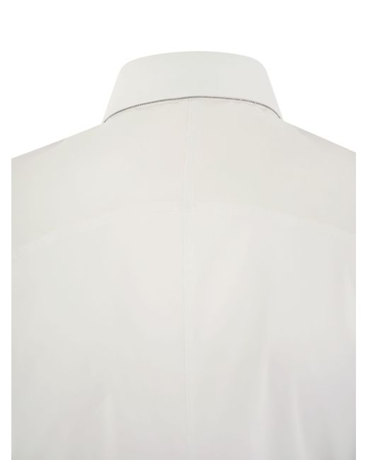 Brunello Cucinelli White Stretch Cotton Poplin Shirt With Cotton Organza Sleeves And Necklace