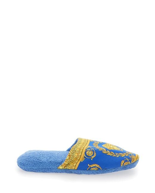 Versace Blue Slippers With Baroque Print, Fabric