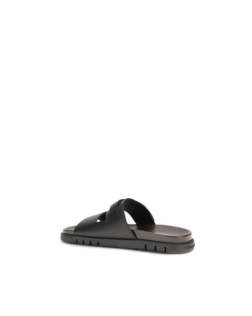 Ferragamo Black Calf Leather Bos Taurus Flat Sandals for men