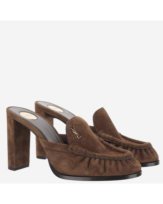 Saint Laurent Brown Heeled Loafers Suede
