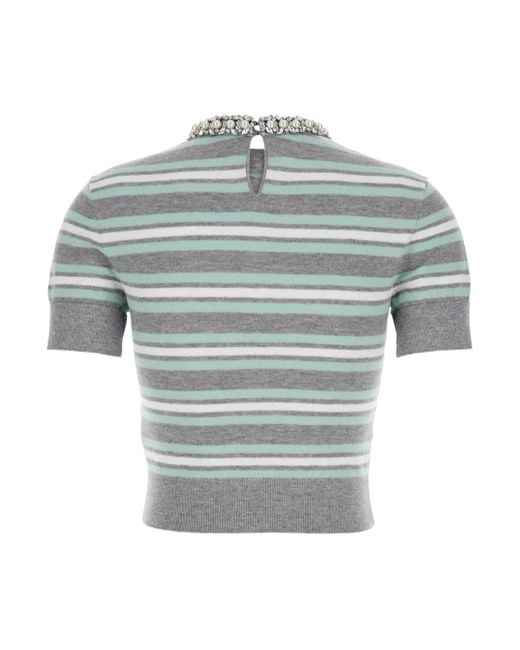 Self-Portrait Gray Cropped Top Wih Crewneck With Crystal Embellishments And All-Over Striped Motif