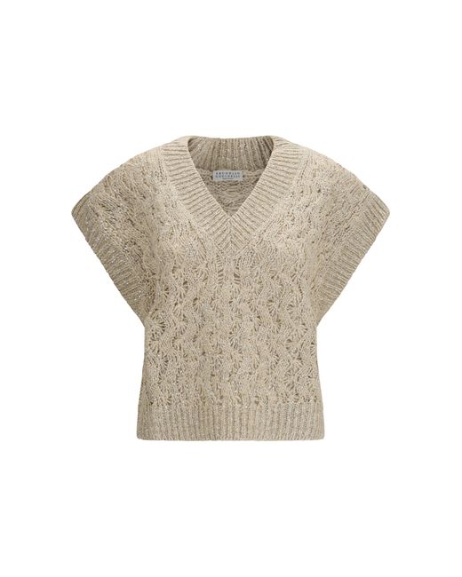 Brunello Cucinelli Natural Silk-Blend Sequined Vest Knitwear