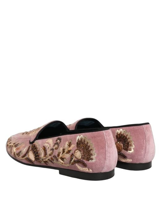 Dolce & Gabbana Pink Velvet Floral Embroidery Loafers Shoes Leather for men