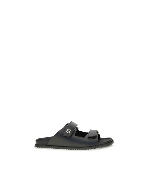 Dolce & Gabbana Black Calf Leather Bos Taurus Flat Sandals for men
