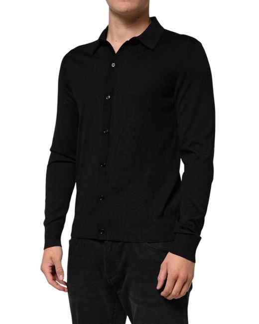 Dolce & Gabbana Black Silk Button Up Lightweight Sweater Clothing for men