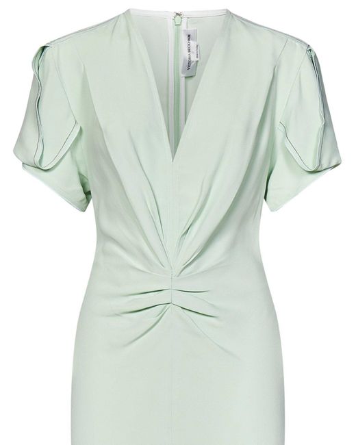 Victoria Beckham Green Gathered V-Neck Midi Dress Midi Dress