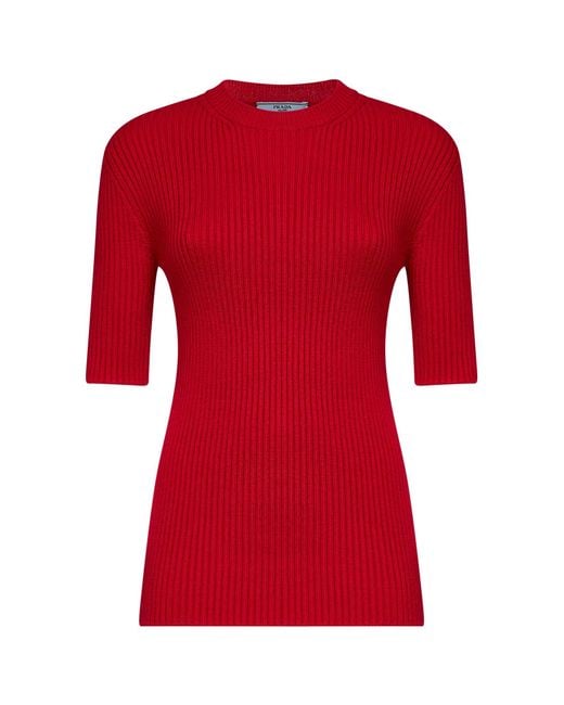 Prada Red Sweater Rib-Knit Virgin Wool