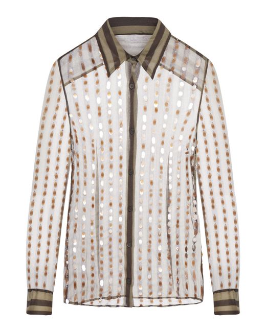 Dries Van Noten White 00810-Chowy Emb 8105 W.W.Shirt Silk Mousseline Printed With Bicolor Stripes