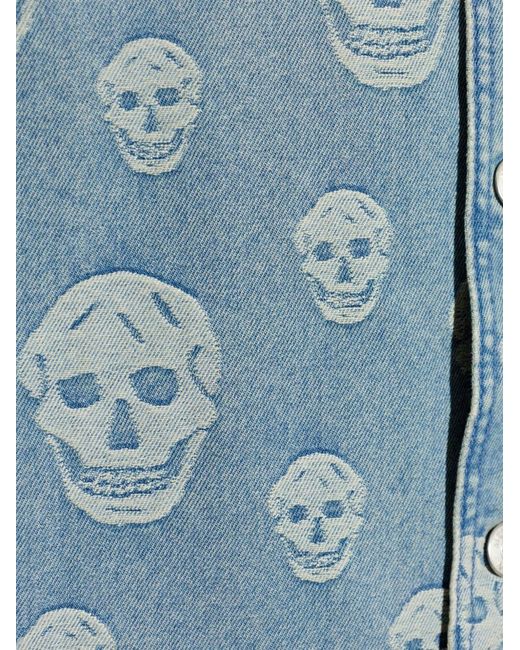 McQueen Blue Short-Sleeved Light Jacquard Cotton Denim Skull Shirt With All-Over Skull Motif for men