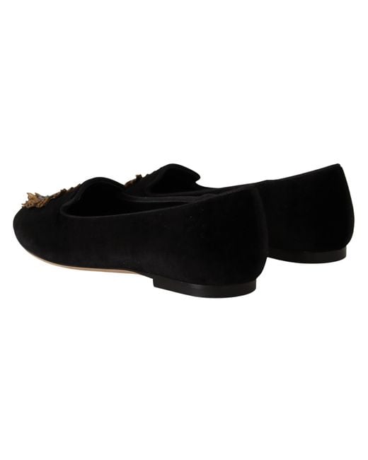 Dolce & Gabbana Black Velvet Dg Heart Loafers Flats Shoes