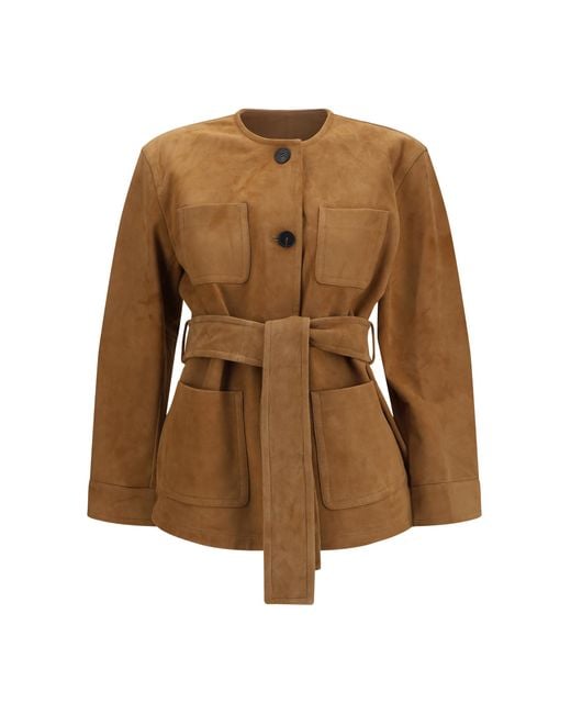 Max Mara Brown Suede Leather Jacket With Belt Lamb