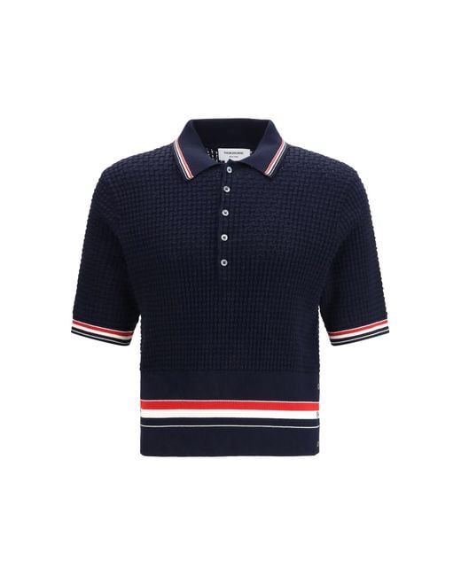 Thom Browne Blue Woven Cotton Polo Shirts for men