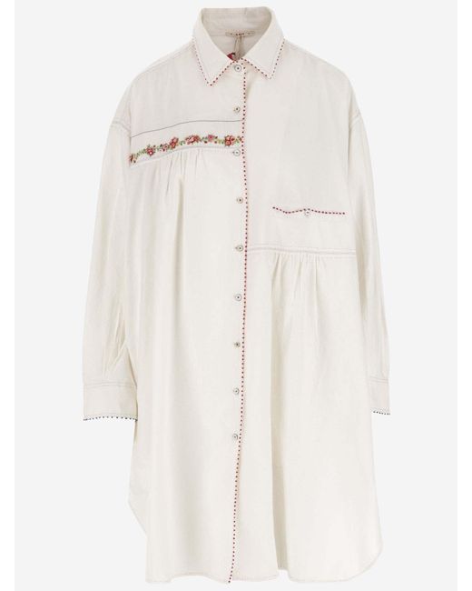 Péro Natural Long Cotton Shirt With Floral Embroidery