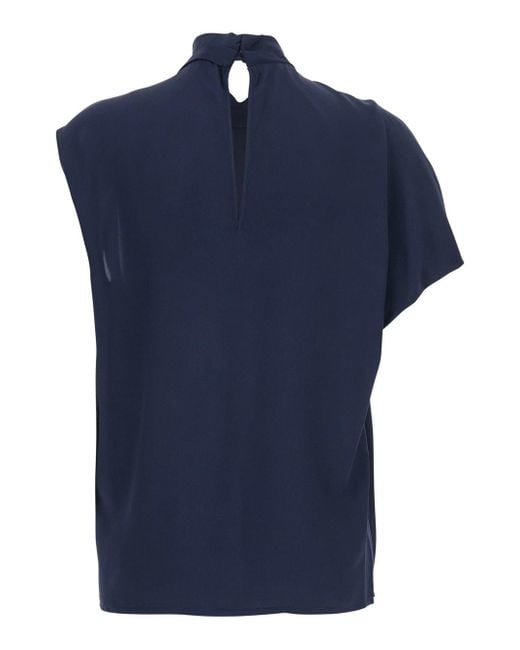Tela Blue Top With High Neck And Asymmetrical Design