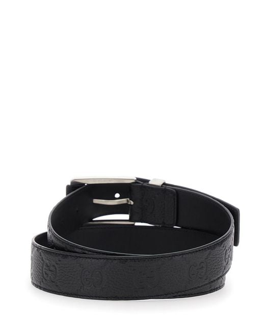 Gucci Black Grained Leather Belt With Square Buckle Calf for men