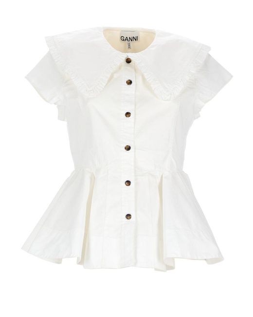 Ganni White Ruffle Shirt Organic Cotton Elastane
