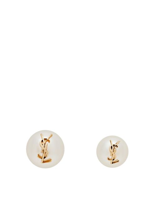 Saint Laurent Metallic Asymmetrical Metal Earrings With Pearls And Logo