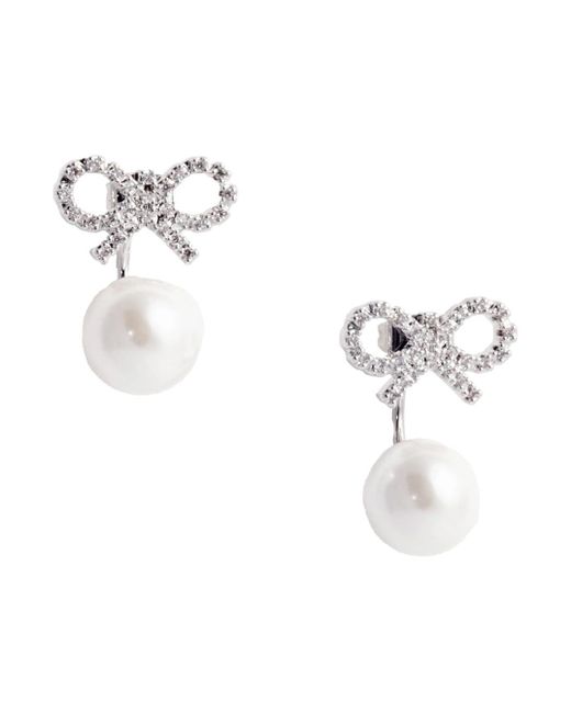 Self-Portrait White Metallic Earings With Bow Charm And Faux-Peal Detail